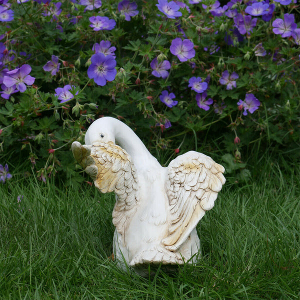 Preening White Duck Garden Sculpture