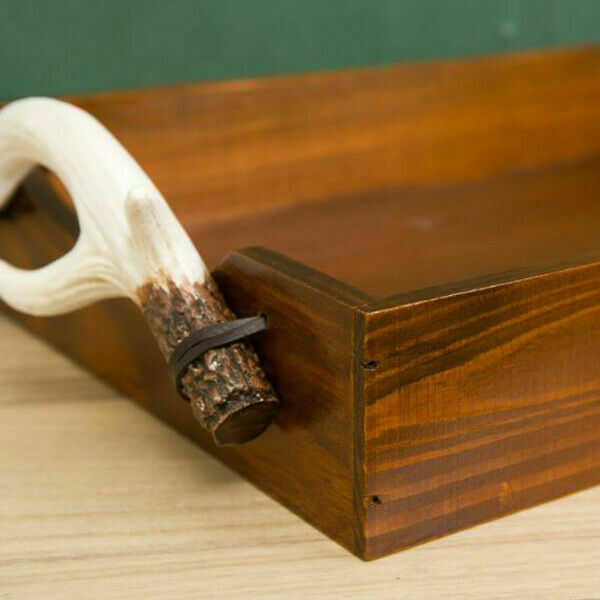 Wooden Serving Tray with Stag Antler Handles