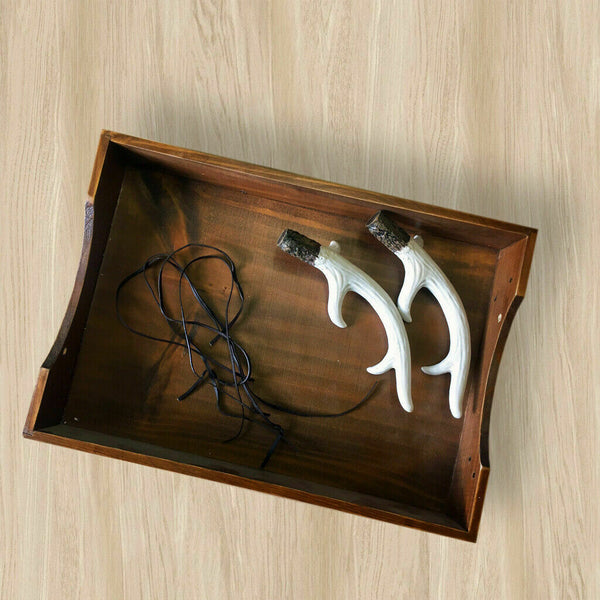 Wooden Serving Tray with Stag Antler Handles