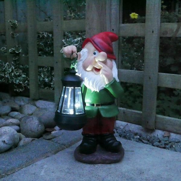 Gnome Garden Sculpture with Solar Lantern - Red Hat