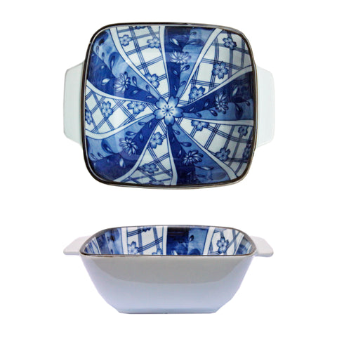 6.25" Ceramic Oriental Floral Square Bowl with Handles