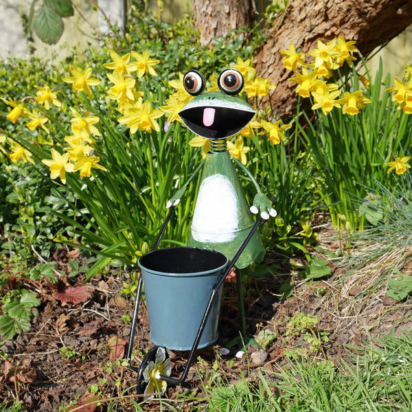 Dark Green Frog Sculpture with Wheelbarrow Flower Pot
