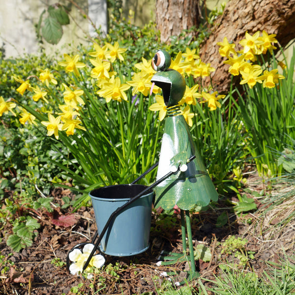 Dark Green Frog Sculpture with Wheelbarrow Flower Pot