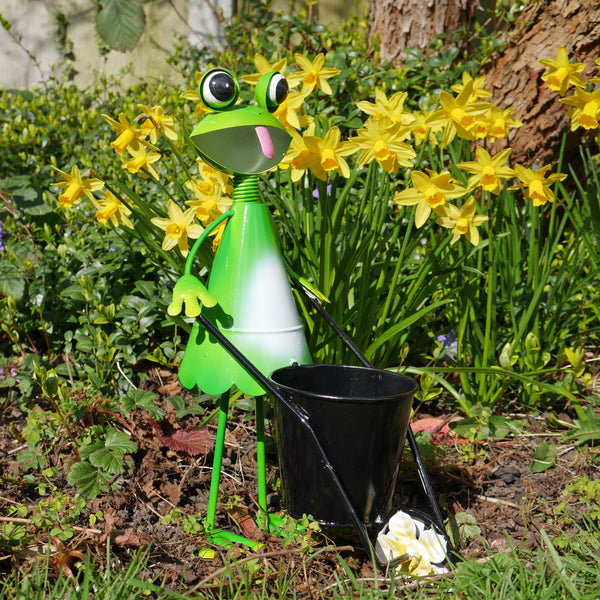 Green Frog Sculpture with Wheelbarrow Flower Pot