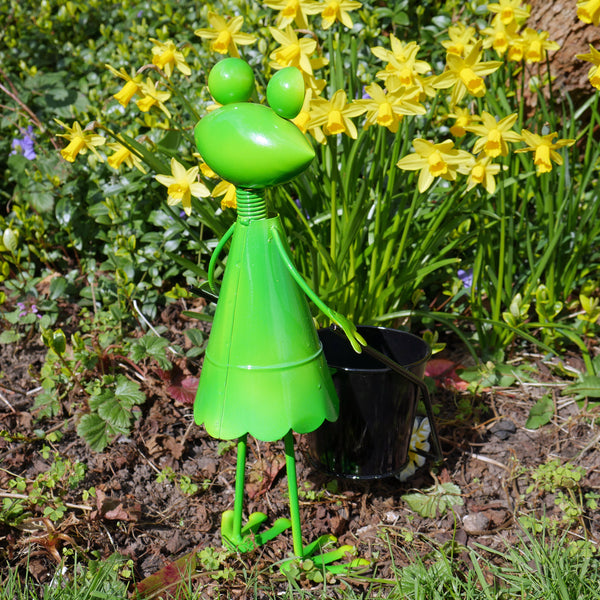 Green Frog Sculpture with Wheelbarrow Flower Pot
