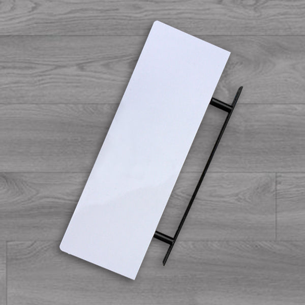 30cm long high gloss float shelf. It sticks out 20cm from the wall and has rounded corners. The shelf has a thickness of 3.8cm, colour white.