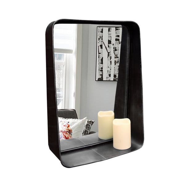 Industrial mirror with shelf and distressed metal black frame