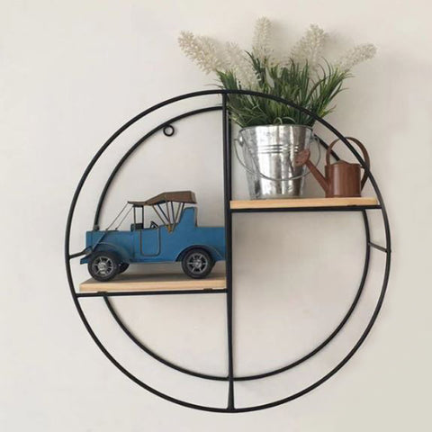 Round Wall Shelf Storage Display Shelves Hanging Décor Wrought Iron Frame Wooden Rack Black NEW