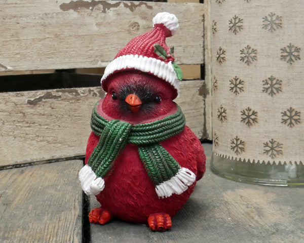 Red Bird Ornament Wearing Scarf & Christmas Hat