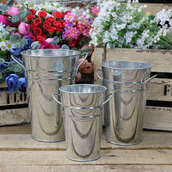 Set of 3 - Silver Tin Metal Bucket Planter