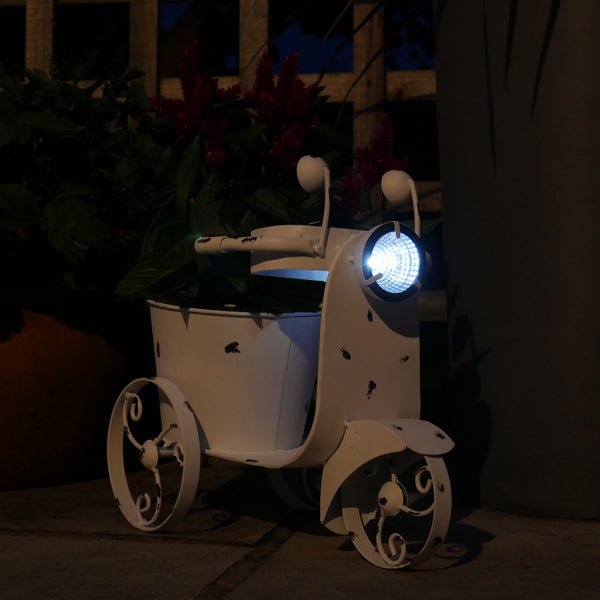 Vintage Style Scooter shape metal planter with light up solar headlight, distressed white finish
