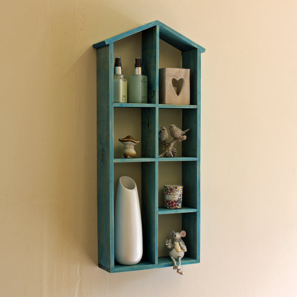 House Shaped Vintage Wood Pigeonhole Wall Shelf - Blue