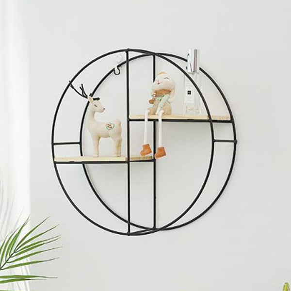 Round Wall Shelf Storage Display Shelves Hanging Décor Wrought Iron Frame Wooden Rack Black NEW