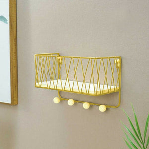 Basket with 4 Hooks & Wooden shelf - Gold Metal Frame Shelf