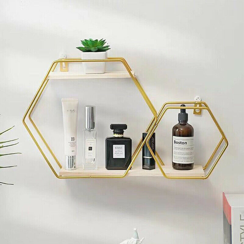 Combined Hexagons - Gold Metal Frame Shelves