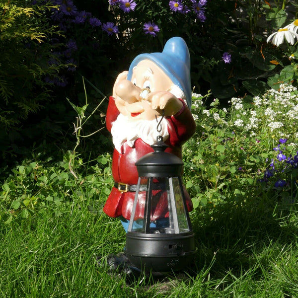 Gnome Garden Sculpture with Solar Lantern - Light Blue Hat