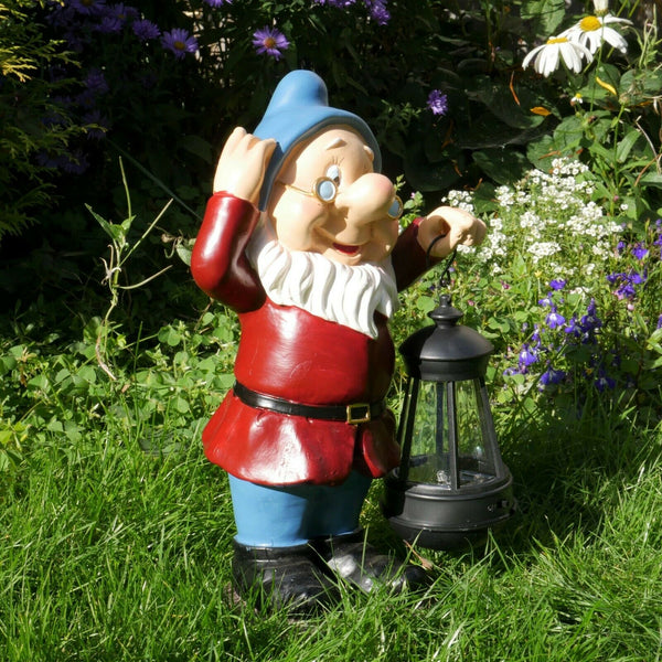 Gnome Garden Sculpture with Solar Lantern - Light Blue Hat