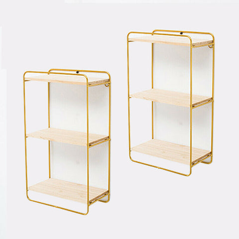 2 x Rectangle - 3 Tier Gold Metal Frame Shelves