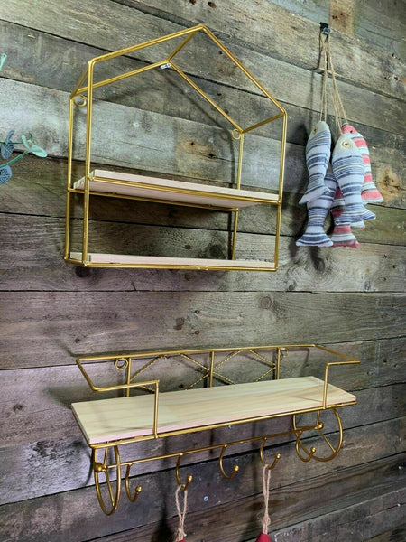 Set of 2  - Triangle & Hook-  Gold Metal Frame Shelves
