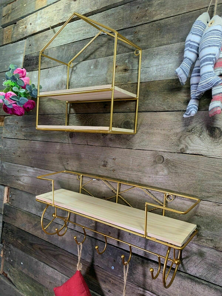 Set of 2  - Triangle & Hook-  Gold Metal Frame Shelves