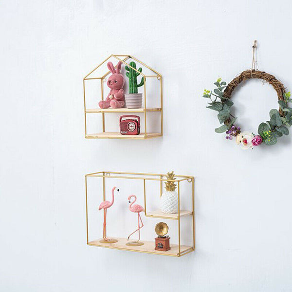 Set of 2 - House & Rectangle - Gold Metal Frame Shelves